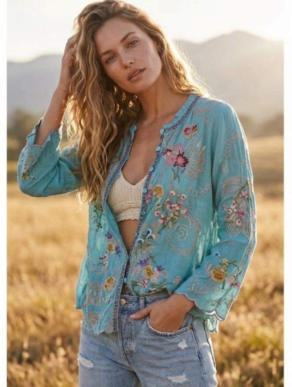 JOHNNY WAS Albee Elaborately Embroidered Iconic Boho Blouse Marine Blue RARE M